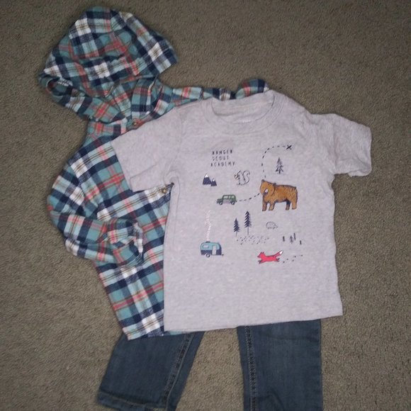 Carter's 3pc set Plaid Hooded Flannel Camper Inspired Graphic Tee Denim Pants - Picture 1 of 2